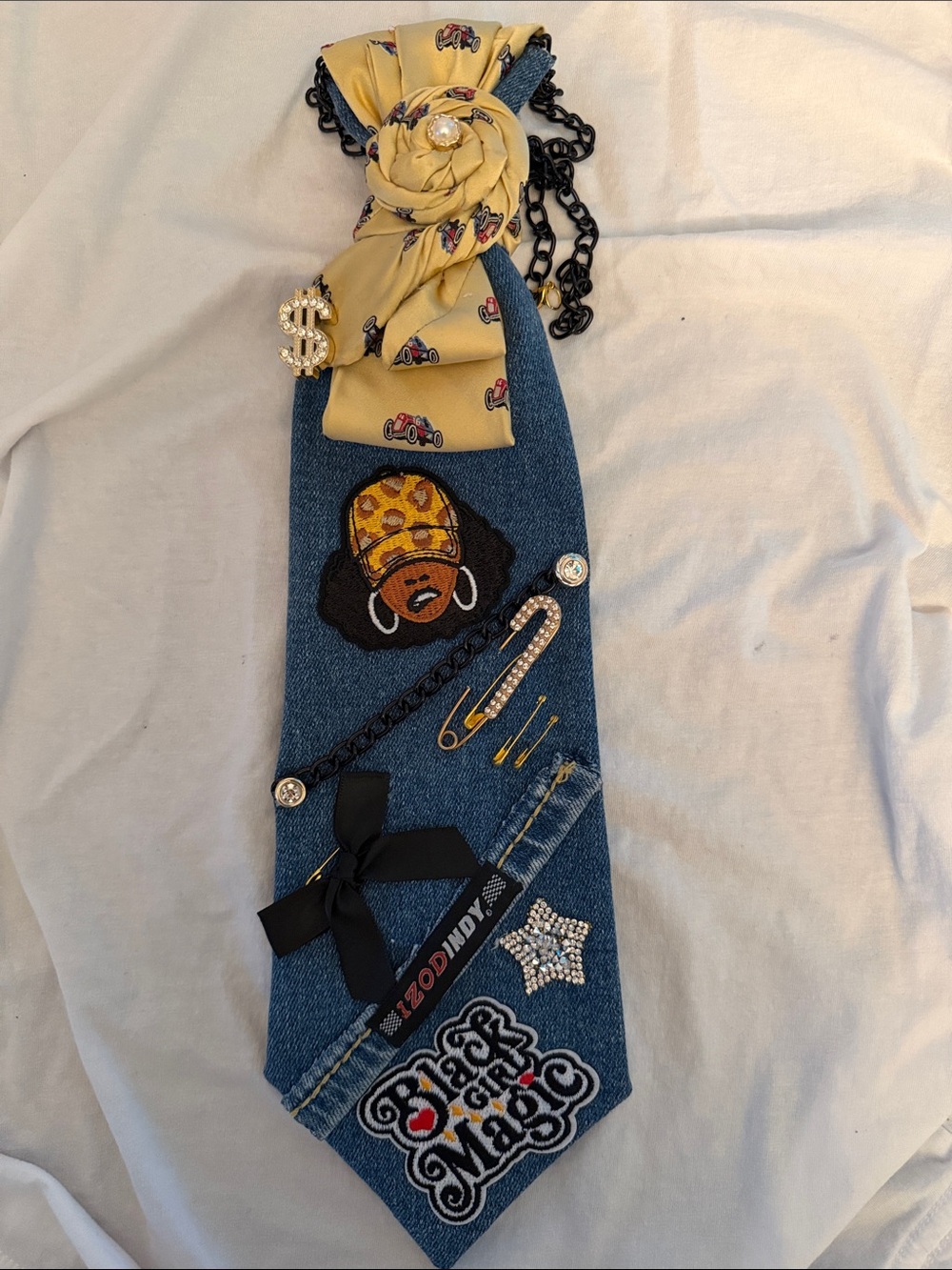 Women’s Upcycled Denim Accessory Tie with Yellow Scarf Detail